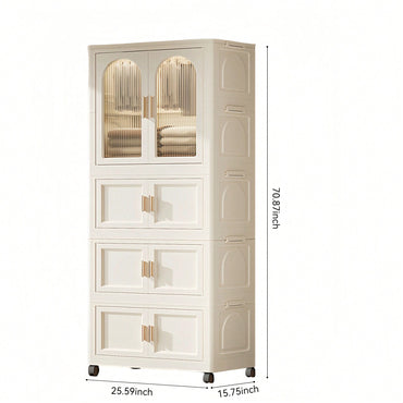 25.59 Inch Wide Folding Wardrobe With Magnetic Door And Wheels, Includes One Layer Of Storage And Three Folding Boxes With 10 Hangers