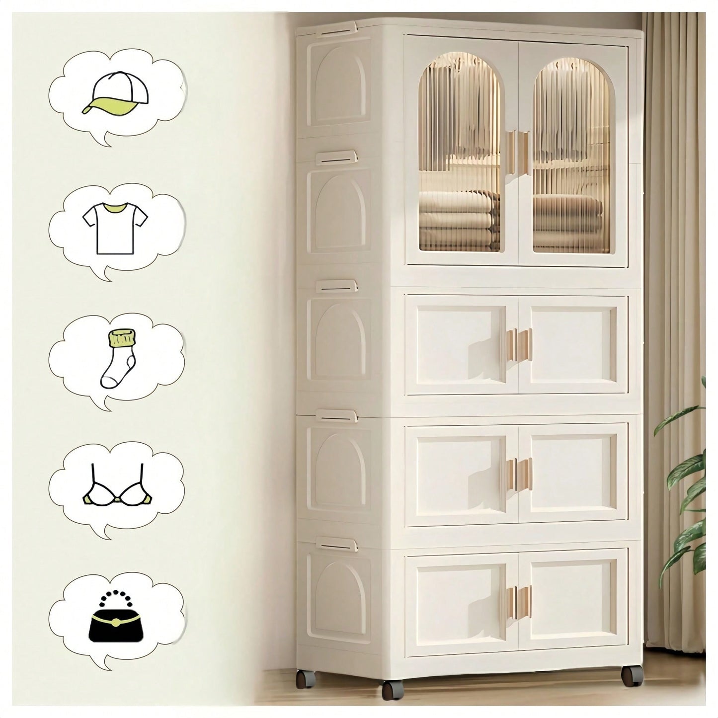 25.59 Inch Wide Folding Wardrobe With Magnetic Door And Wheels, Includes One Layer Of Storage And Three Folding Boxes With 10 Hangers