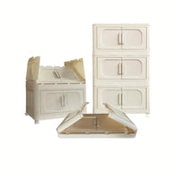 Cream White Folding Storage Cabinet With 3 Tiers And Magnetic Door, Collapsible Plastic Storage Unit On Wheels, 19.69" X 11.81" X 31.1"