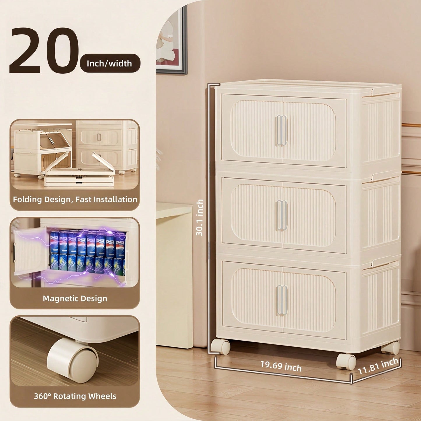 Cream White Folding Storage Cabinet With 3 Tiers And Magnetic Door, Collapsible Plastic Storage Unit On Wheels, 19.69" X 11.81" X 31.1"