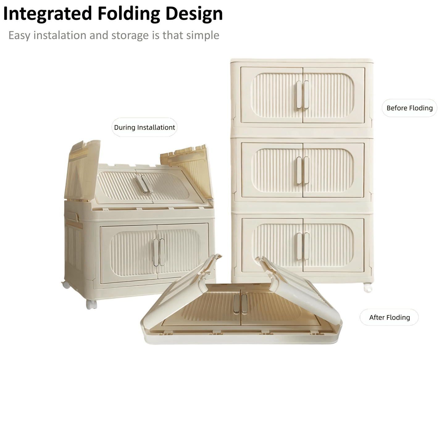 Cream White Folding Storage Cabinet With 3 Tiers And Magnetic Door, Collapsible Plastic Storage Unit On Wheels, 19.69" X 11.81" X 31.1"