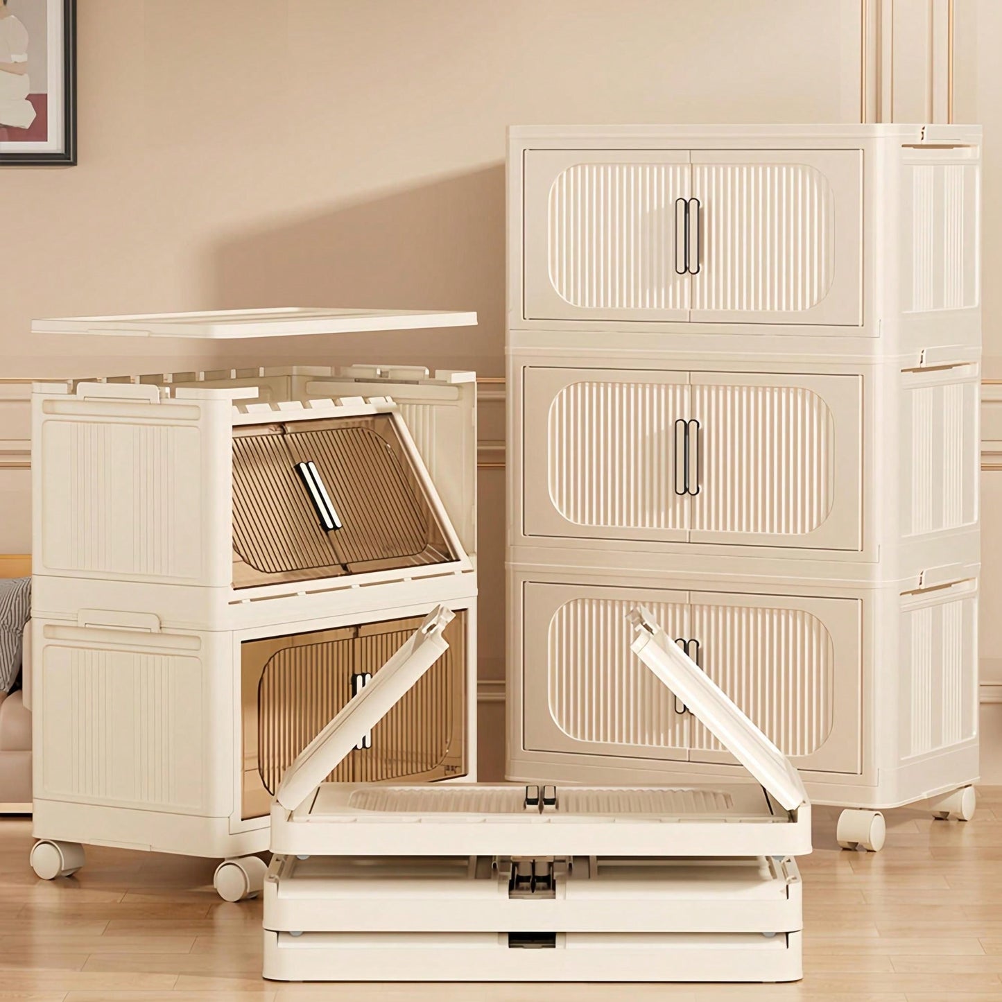 Cream White Folding Storage Cabinet With 3 Tiers And Magnetic Door, Collapsible Plastic Storage Unit On Wheels, 19.69" X 11.81" X 31.1"