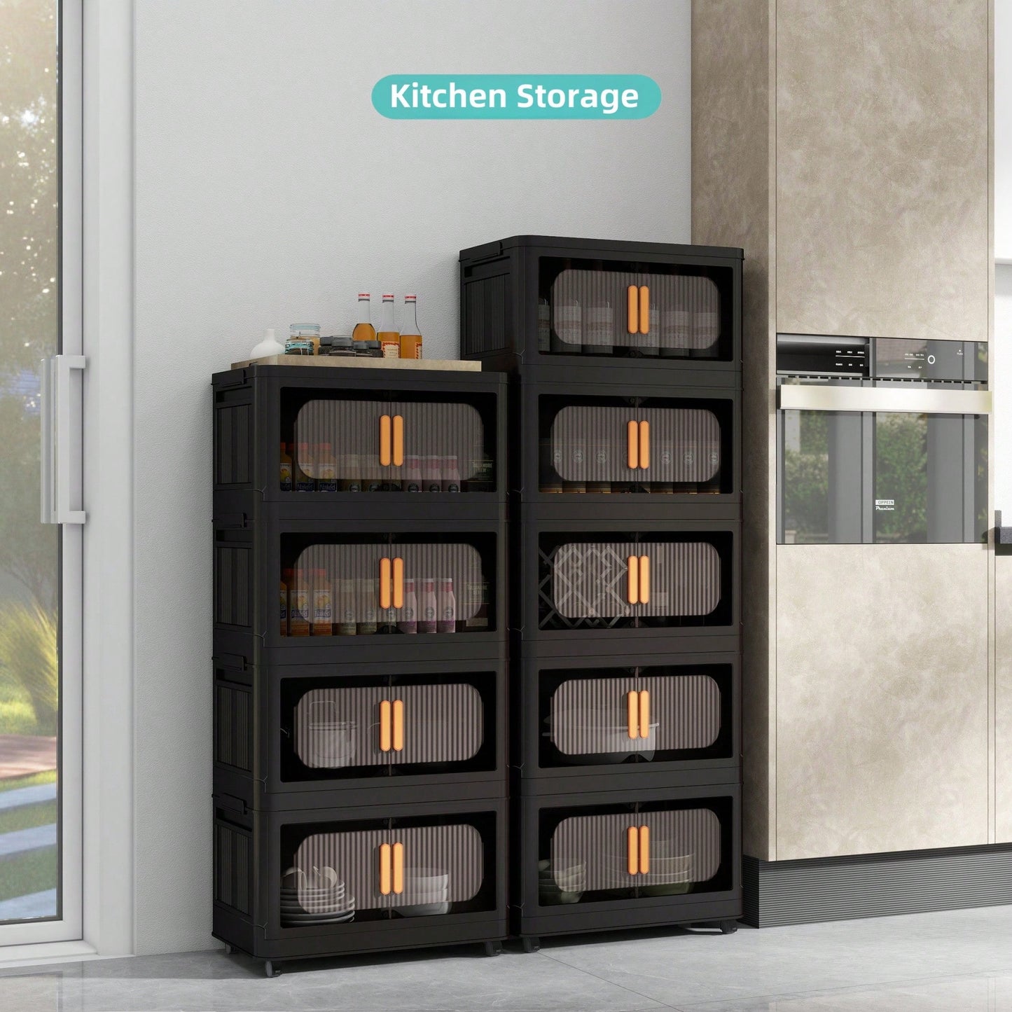 19.69" Black Folding Storage Cabinet With 3 Tiers, Collapsible Bins And Magnetic Door, Mobile Plastic Organizer With Wheels