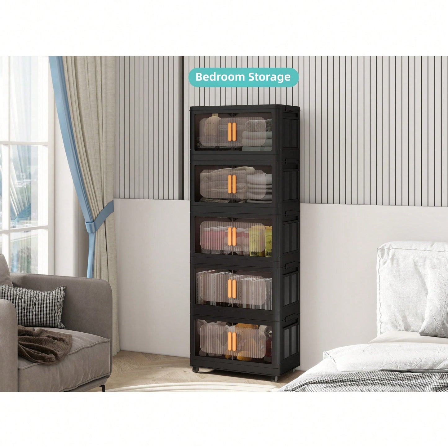 19.69" Black Folding Storage Cabinet With 3 Tiers, Collapsible Bins And Magnetic Door, Mobile Plastic Organizer With Wheels