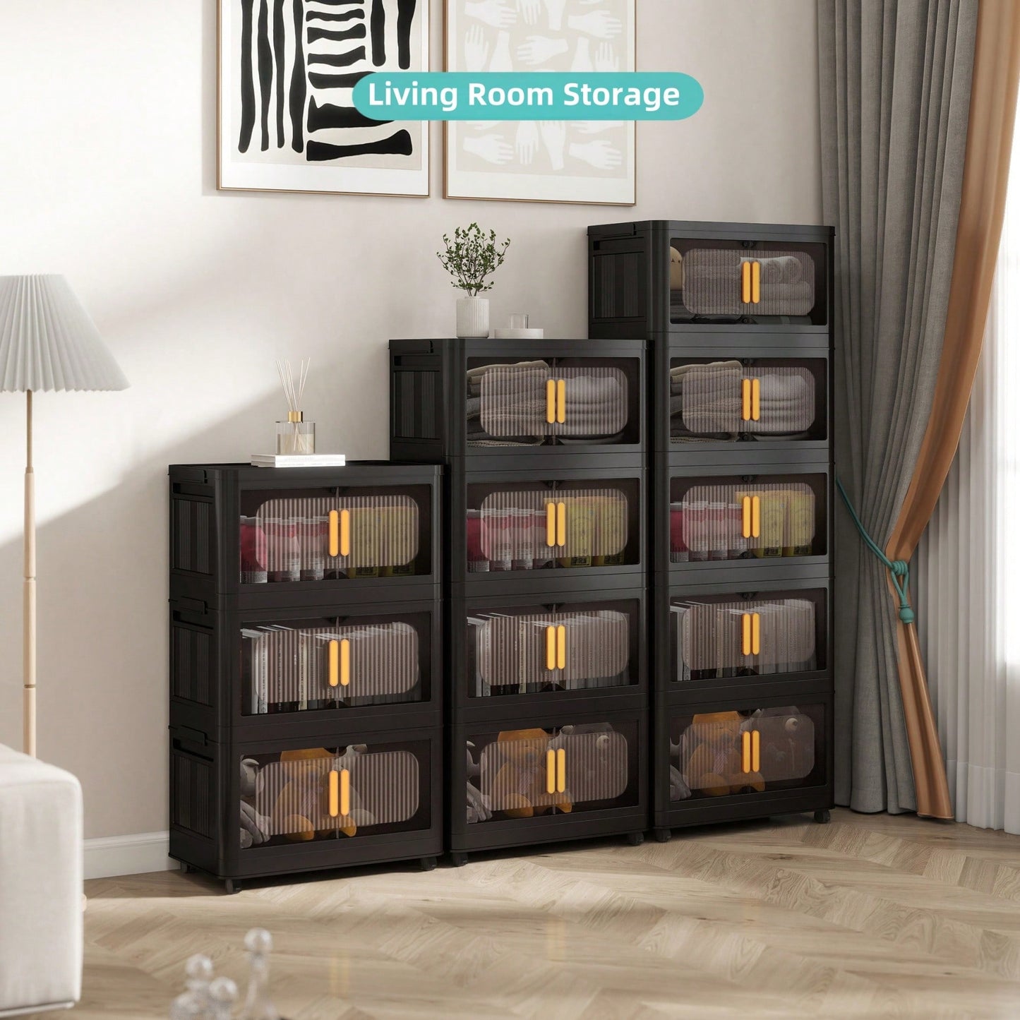 19.69" Black Folding Storage Cabinet With 3 Tiers, Collapsible Bins And Magnetic Door, Mobile Plastic Organizer With Wheels