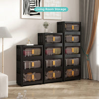 19.69" Black Folding Storage Cabinet With 3 Tiers, Collapsible Bins And Magnetic Door, Mobile Plastic Organizer With Wheels