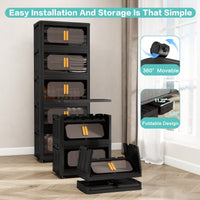 19.69" Black Folding Storage Cabinet With 3 Tiers, Collapsible Bins And Magnetic Door, Mobile Plastic Organizer With Wheels