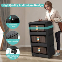 19.69" Black Folding Storage Cabinet With 3 Tiers, Collapsible Bins And Magnetic Door, Mobile Plastic Organizer With Wheels