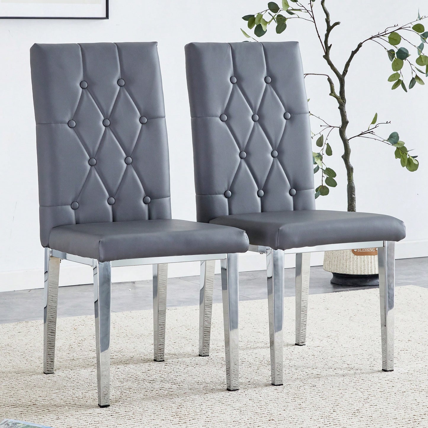Set Of 2 Elegant Gray Armless Dining Chairs Set With Vintage Grid And Buckle Design