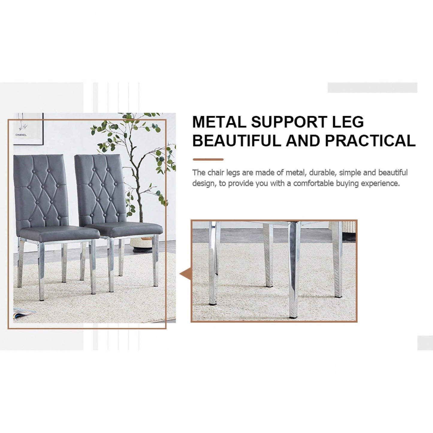Set Of 2 Elegant Gray Armless Dining Chairs Set With Vintage Grid And Buckle Design