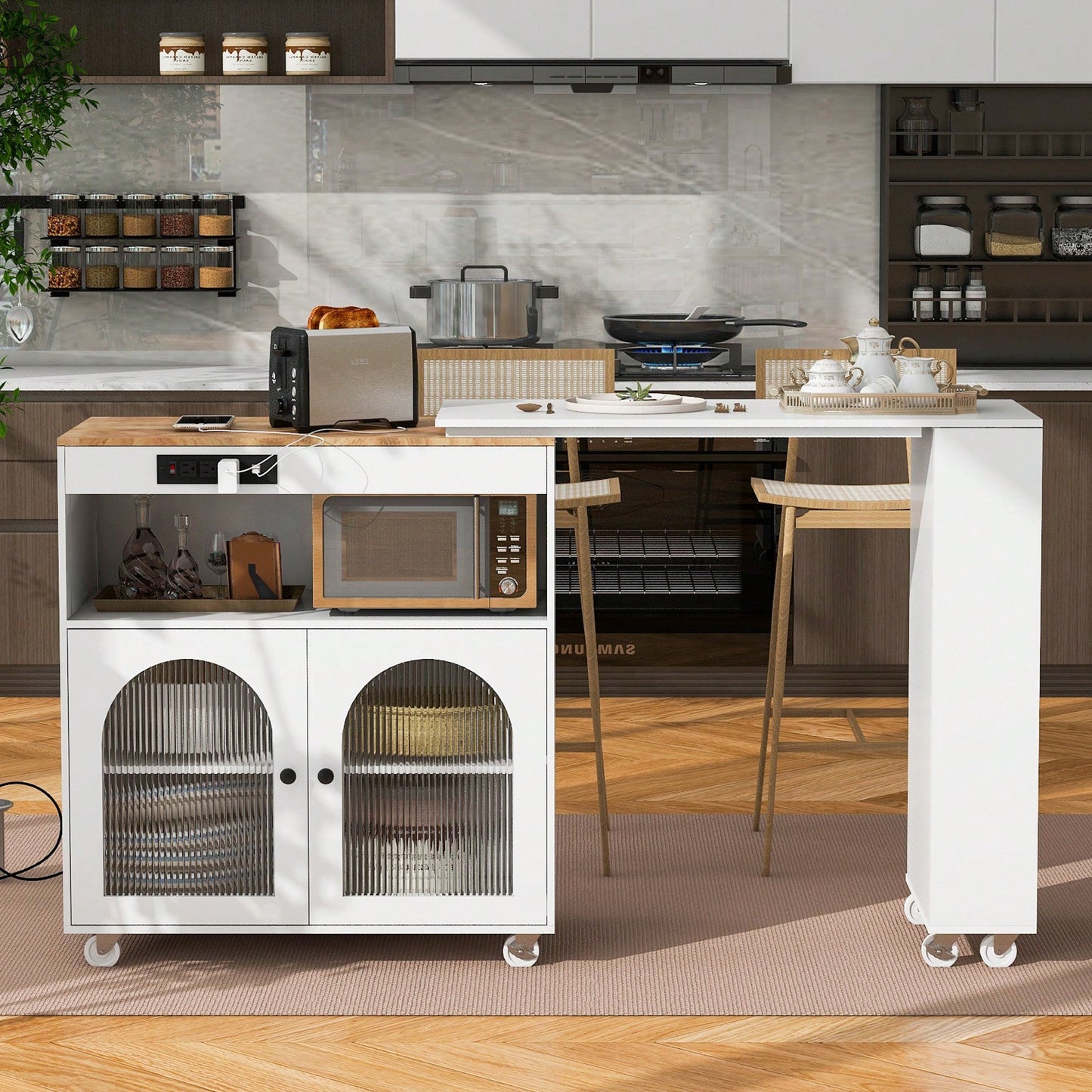 Rolling Kitchen Island With Extended Table LED Lights Power Outlets Fluted Glass Doors Storage Compartment And Open Shelves White