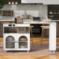 Rolling Kitchen Island With Extended Table LED Lights Power Outlets Fluted Glass Doors Storage Compartment And Open Shelves White
