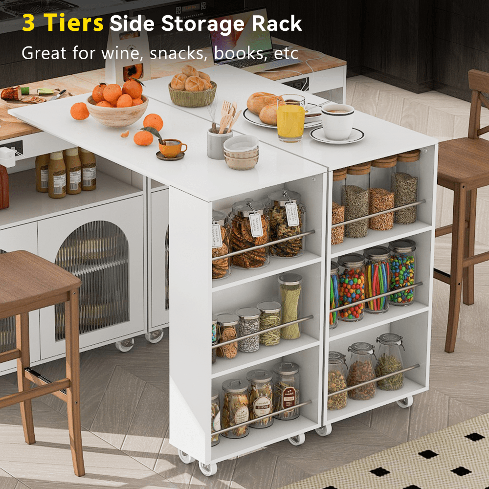 Rolling Kitchen Island With Extended Table LED Lights Power Outlets Fluted Glass Doors Storage Compartment And Open Shelves White