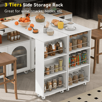 Rolling Kitchen Island With Extended Table LED Lights Power Outlets Fluted Glass Doors Storage Compartment And Open Shelves White