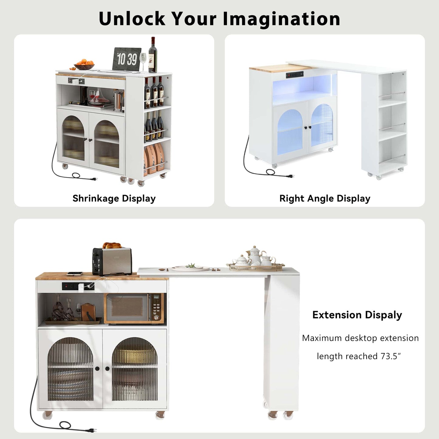 Rolling Kitchen Island With Extended Table LED Lights Power Outlets Fluted Glass Doors Storage Compartment And Open Shelves White
