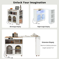 Rolling Kitchen Island With Extended Table LED Lights Power Outlets Fluted Glass Doors Storage Compartment And Open Shelves White