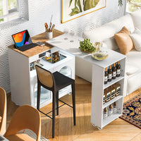 Rolling Kitchen Island With Extended Table LED Lights Power Outlets Fluted Glass Doors Storage Compartment And Open Shelves White