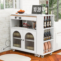 Rolling Kitchen Island With Extended Table LED Lights Power Outlets Fluted Glass Doors Storage Compartment And Open Shelves White