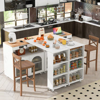 Rolling Kitchen Island With Extended Table LED Lights Power Outlets Fluted Glass Doors Storage Compartment And Open Shelves White