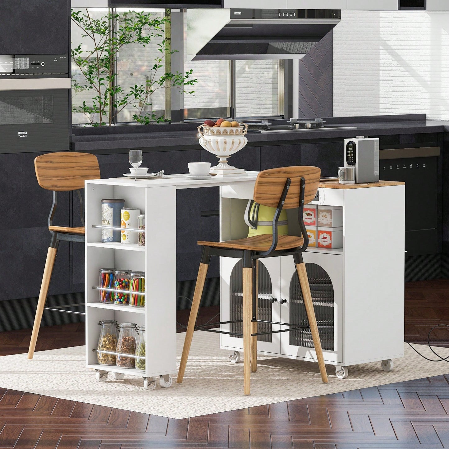 Rolling Kitchen Island With Extended Table LED Lights Power Outlets Fluted Glass Doors Storage Compartment And Open Shelves White