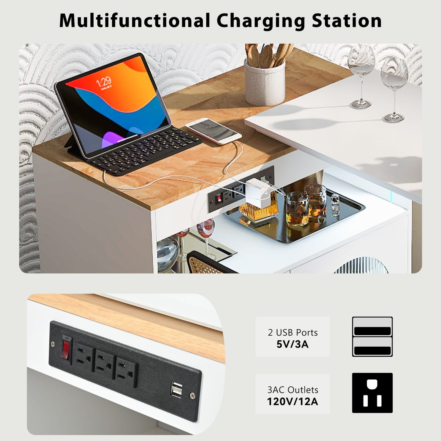 Rolling Kitchen Island With Extended Table LED Lights Power Outlets Fluted Glass Doors Storage Compartment And Open Shelves White