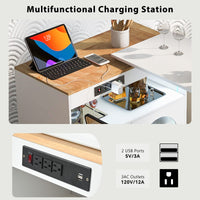 Rolling Kitchen Island With Extended Table LED Lights Power Outlets Fluted Glass Doors Storage Compartment And Open Shelves White