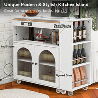 Rolling Kitchen Island With Extended Table LED Lights Power Outlets Fluted Glass Doors Storage Compartment And Open Shelves White