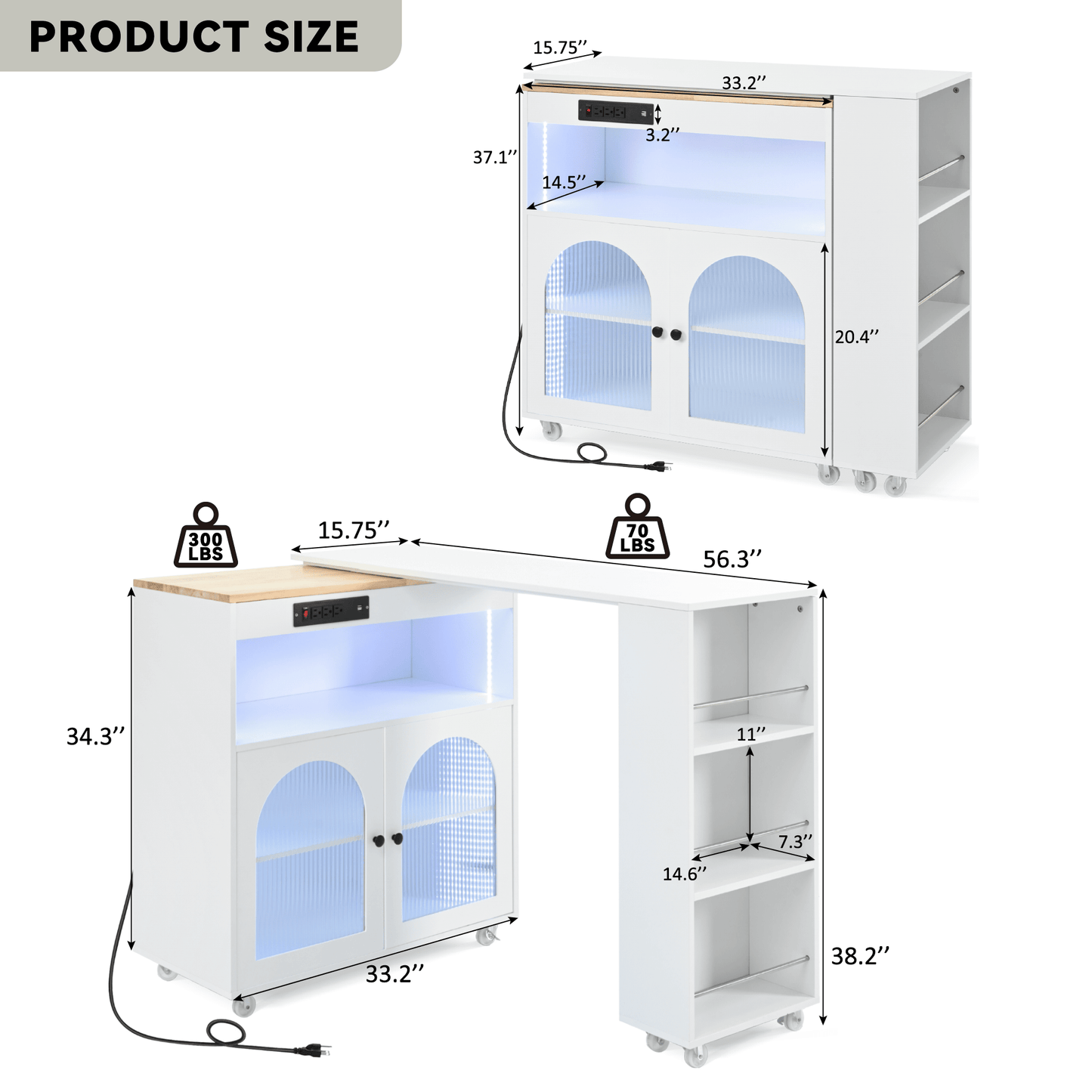 Rolling Kitchen Island With Extended Table LED Lights Power Outlets Fluted Glass Doors Storage Compartment And Open Shelves White