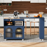 Rolling Kitchen Island With Extended Table LED Lights Power Outlets Fluted Glass Doors Storage Compartment And Open Shelves White