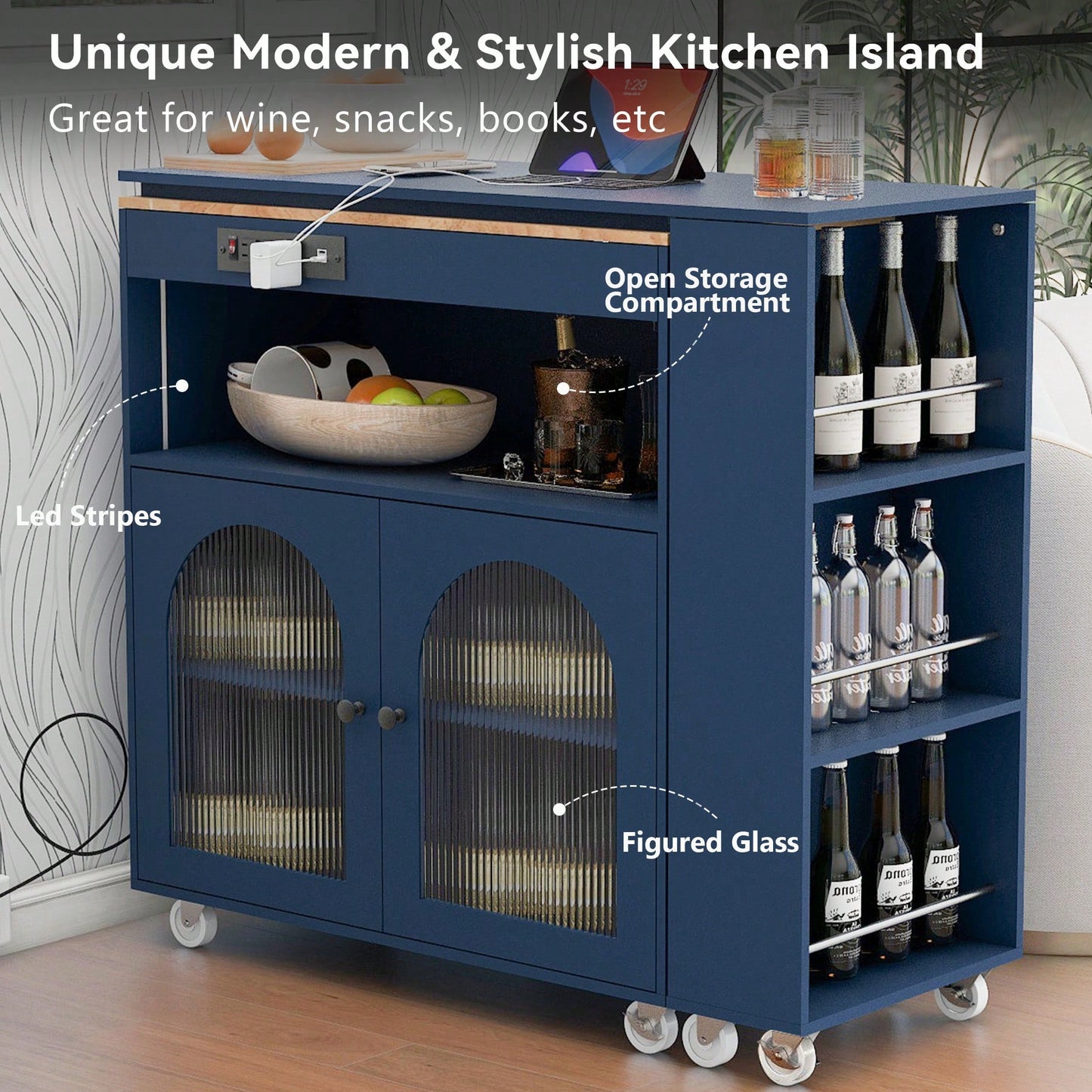 Rolling Kitchen Island With Extended Table LED Lights Power Outlets Fluted Glass Doors Storage Compartment And Open Shelves White