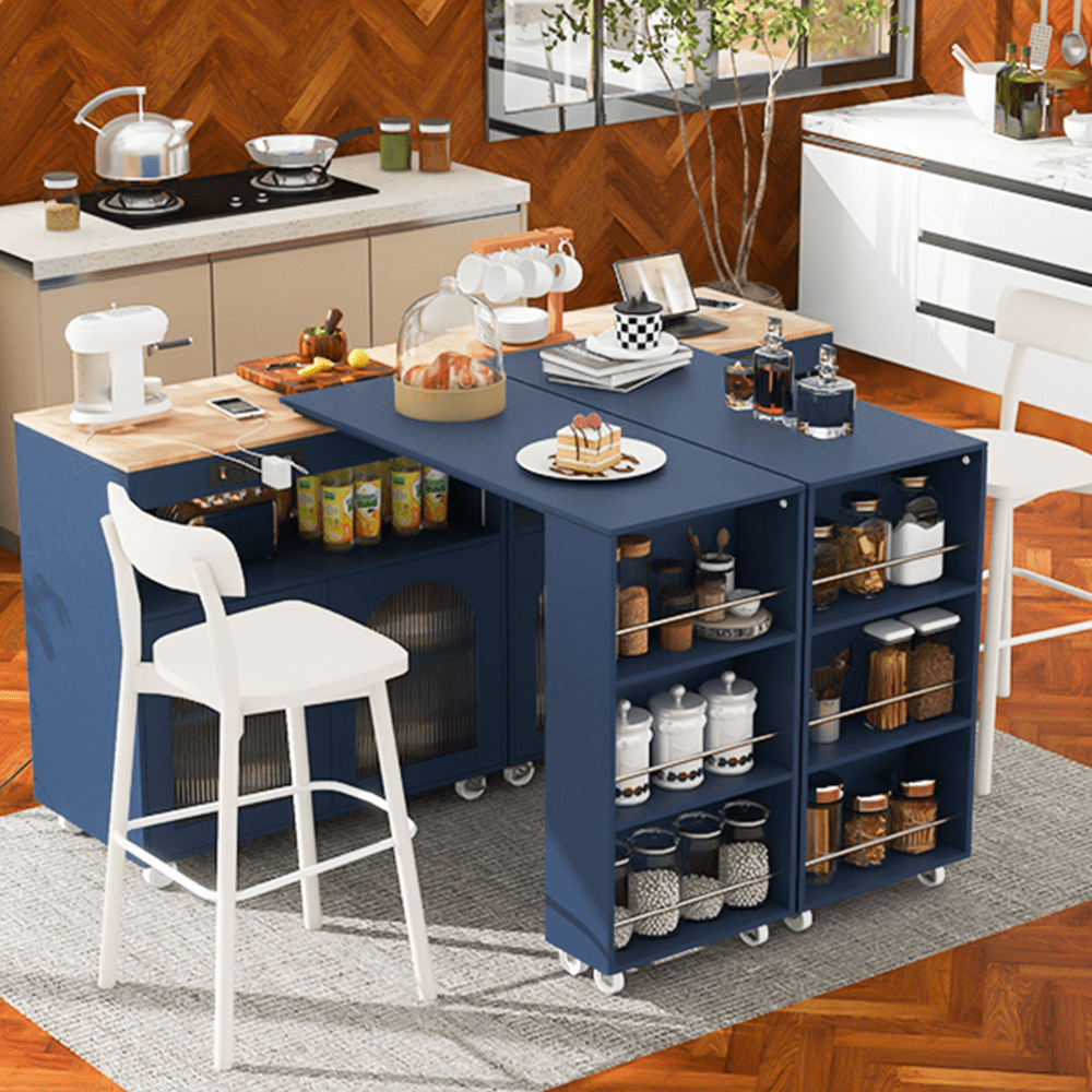 Rolling Kitchen Island With Extended Table LED Lights Power Outlets Fluted Glass Doors Storage Compartment And Open Shelves White