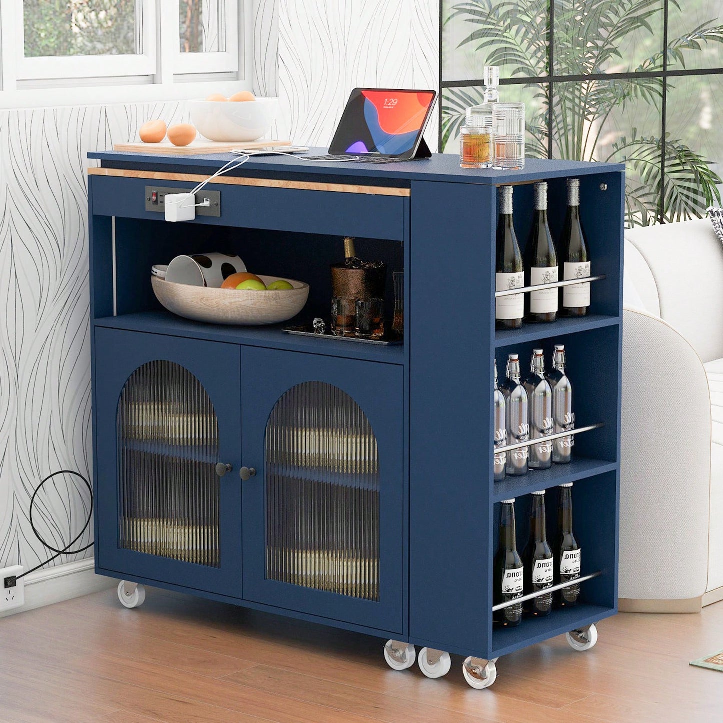 Rolling Kitchen Island With Extended Table LED Lights Power Outlets Fluted Glass Doors Storage Compartment And Open Shelves White