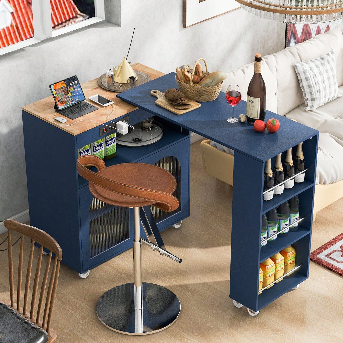 Rolling Kitchen Island With Extended Table LED Lights Power Outlets Fluted Glass Doors Storage Compartment And Open Shelves White
