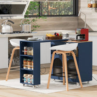 Rolling Kitchen Island With Extended Table LED Lights Power Outlets Fluted Glass Doors Storage Compartment And Open Shelves White