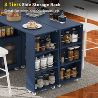 Rolling Kitchen Island With Extended Table LED Lights Power Outlets Fluted Glass Doors Storage Compartment And Open Shelves White