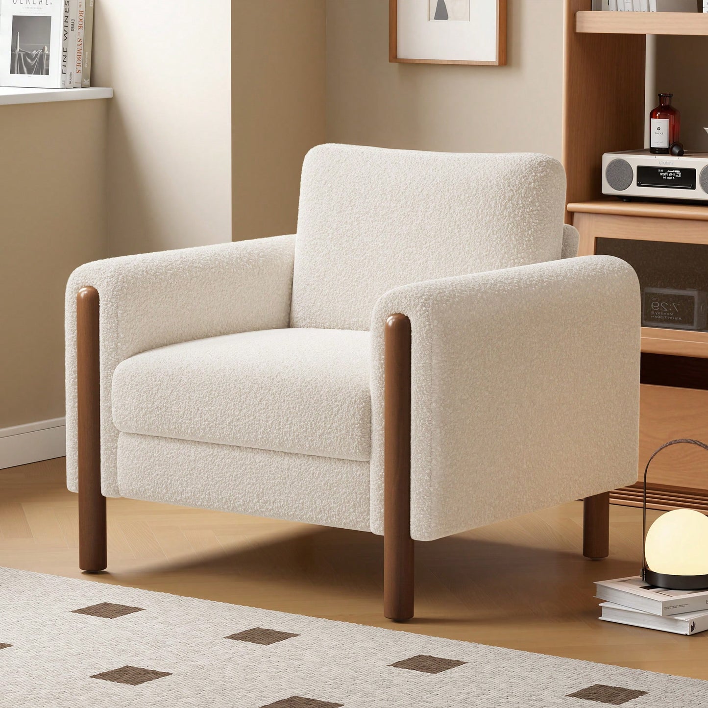 Curved Handrail Upholstered Accent Chair With Walnut Legs For Living Room In Green