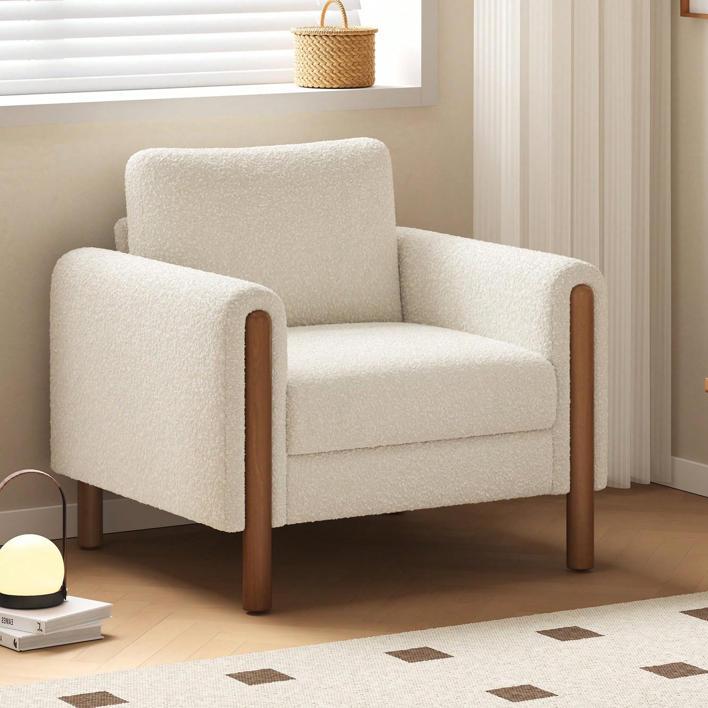 Curved Handrail Upholstered Accent Chair With Walnut Legs For Living Room In Green