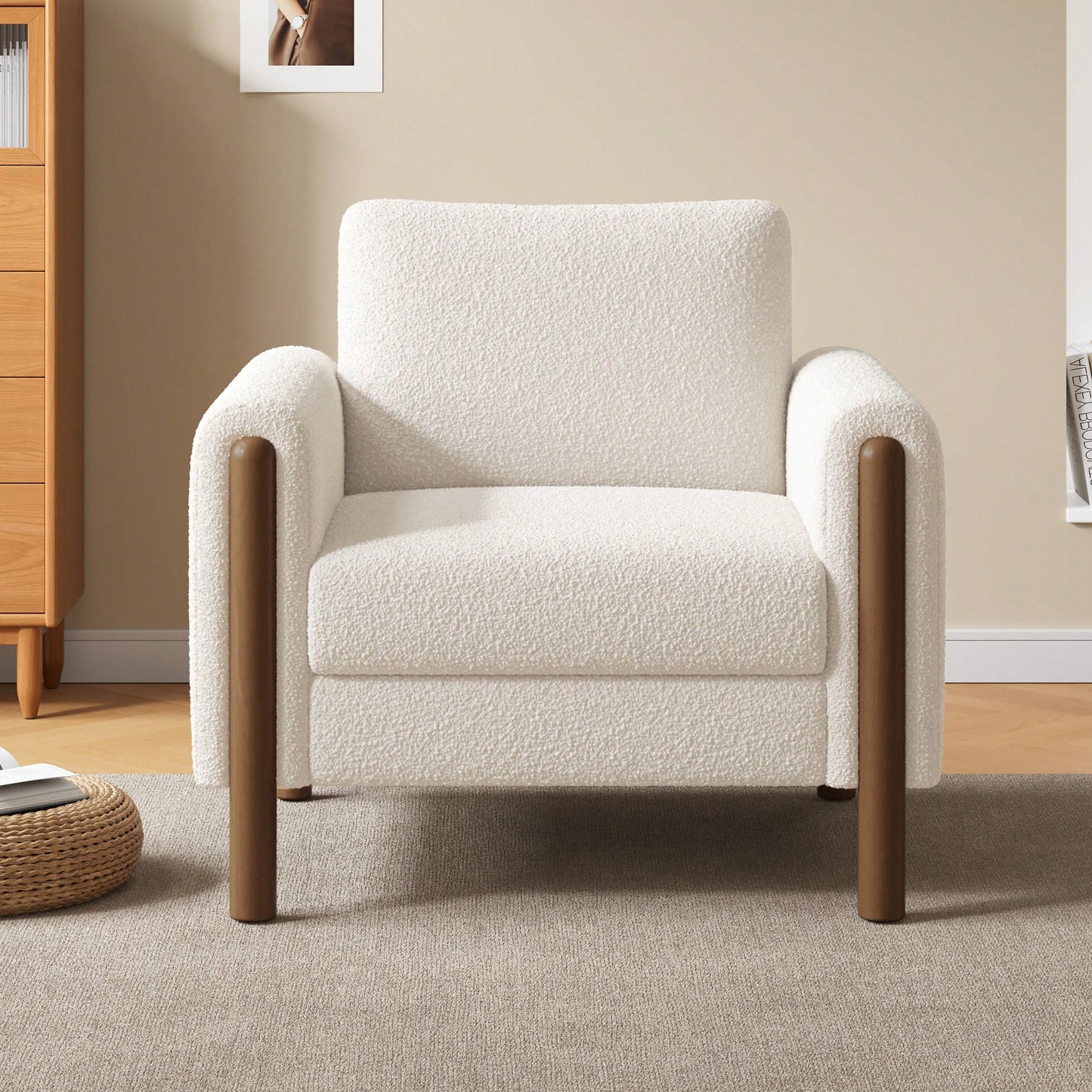Curved Handrail Upholstered Accent Chair With Walnut Legs For Living Room In Green