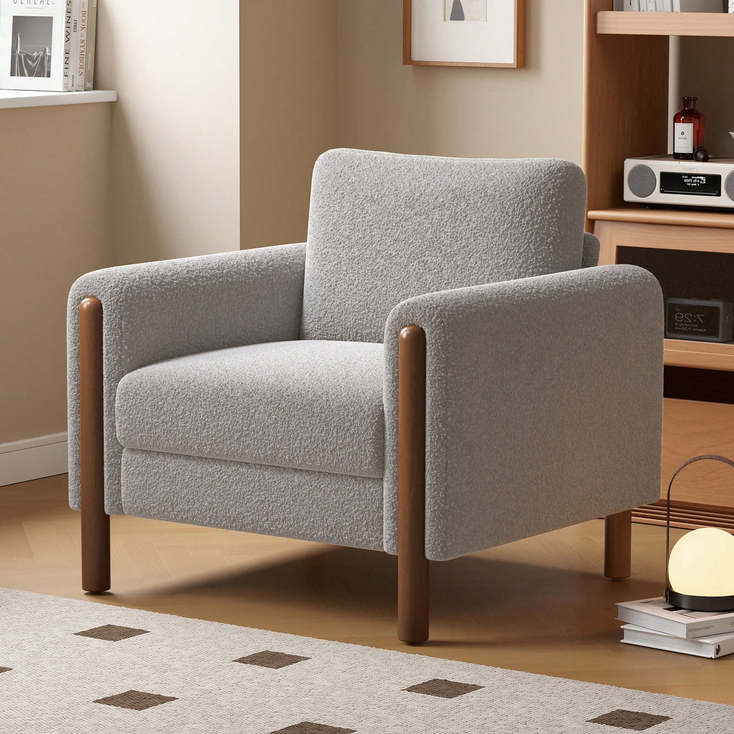 Curved Handrail Upholstered Accent Chair With Walnut Legs For Living Room In Green