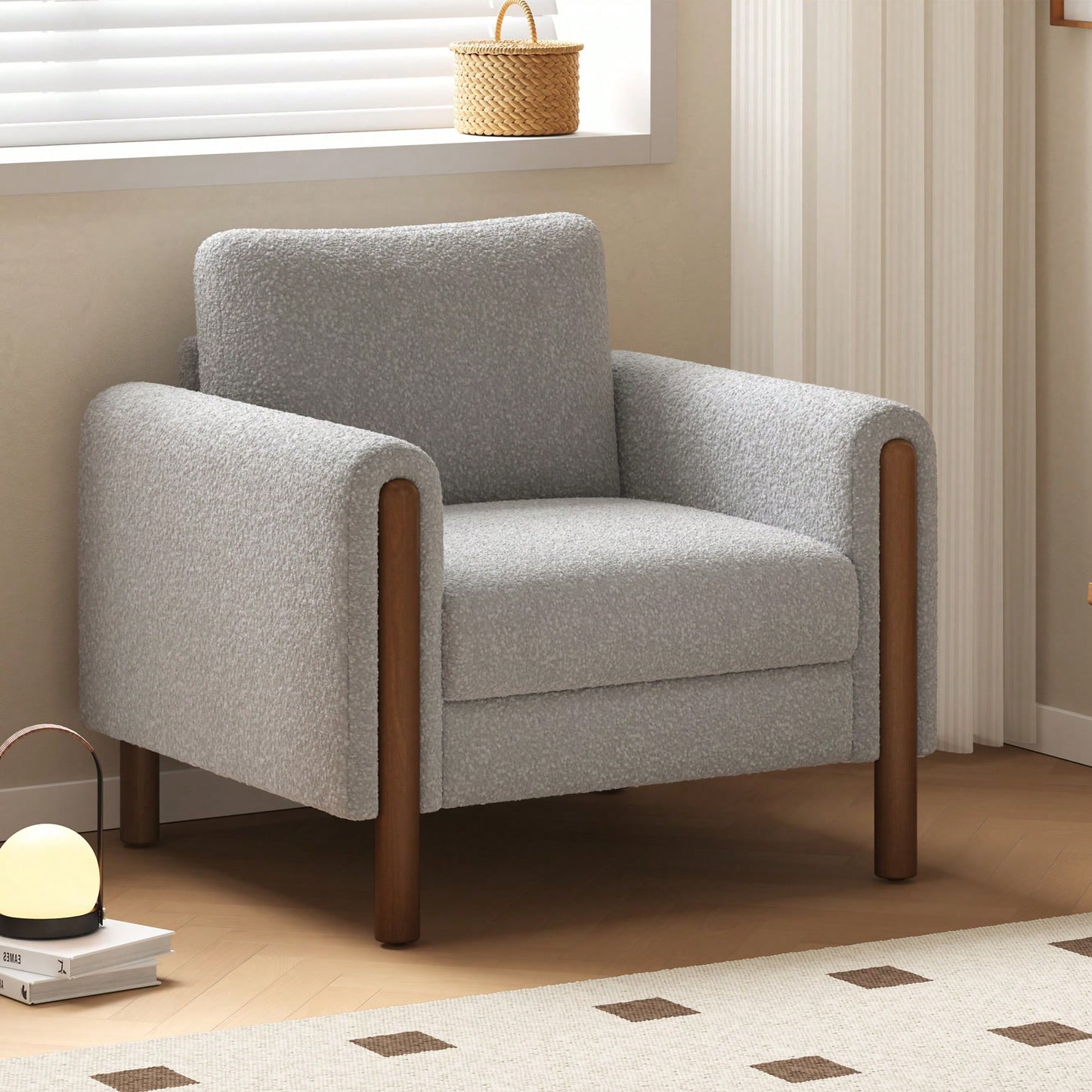 Curved Handrail Upholstered Accent Chair With Walnut Legs For Living Room In Green