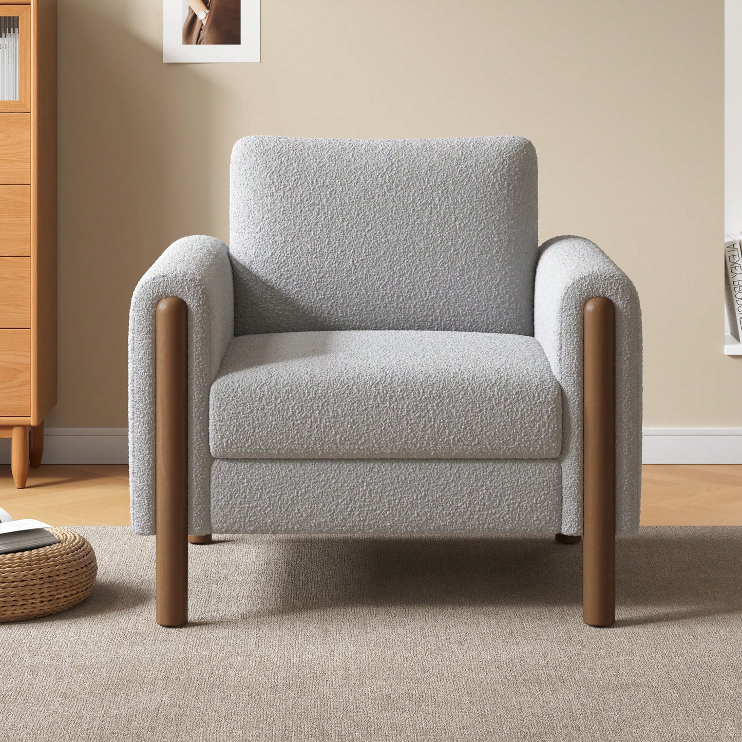 Curved Handrail Upholstered Accent Chair With Walnut Legs For Living Room In Green