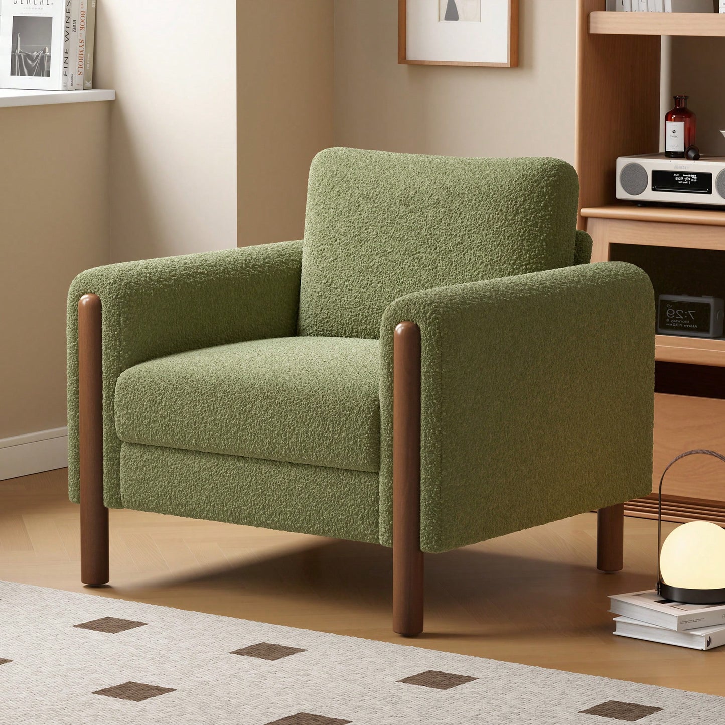 Curved Handrail Upholstered Accent Chair With Walnut Legs For Living Room In Green
