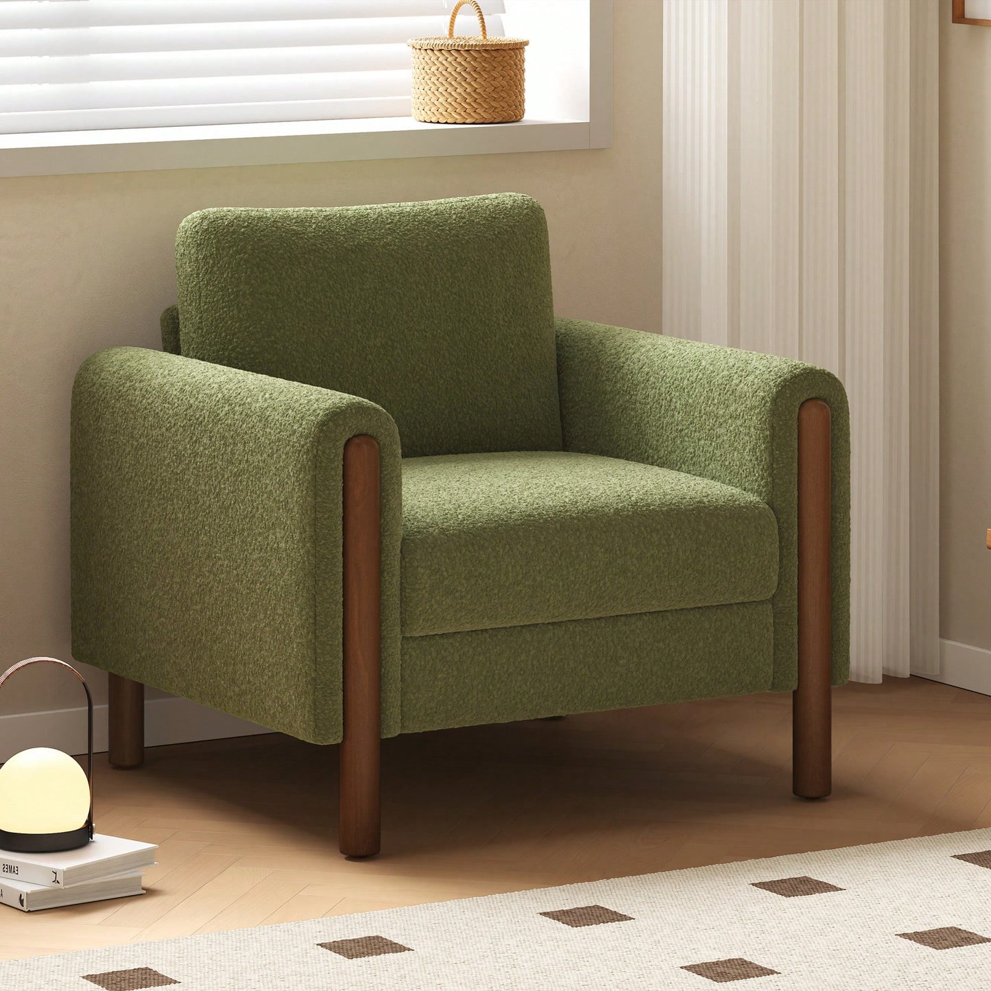 Curved Handrail Upholstered Accent Chair With Walnut Legs For Living Room In Green