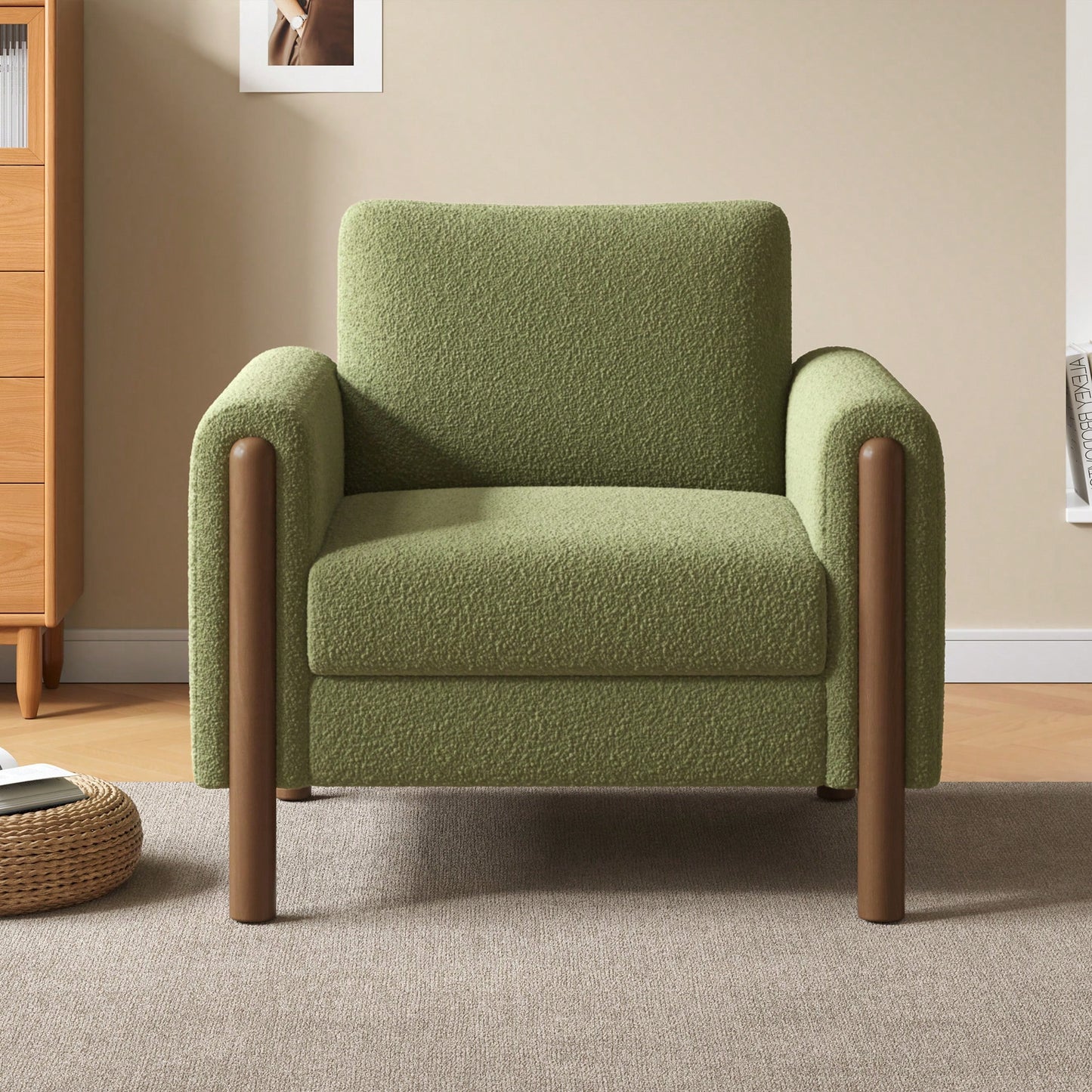 Curved Handrail Upholstered Accent Chair With Walnut Legs For Living Room In Green