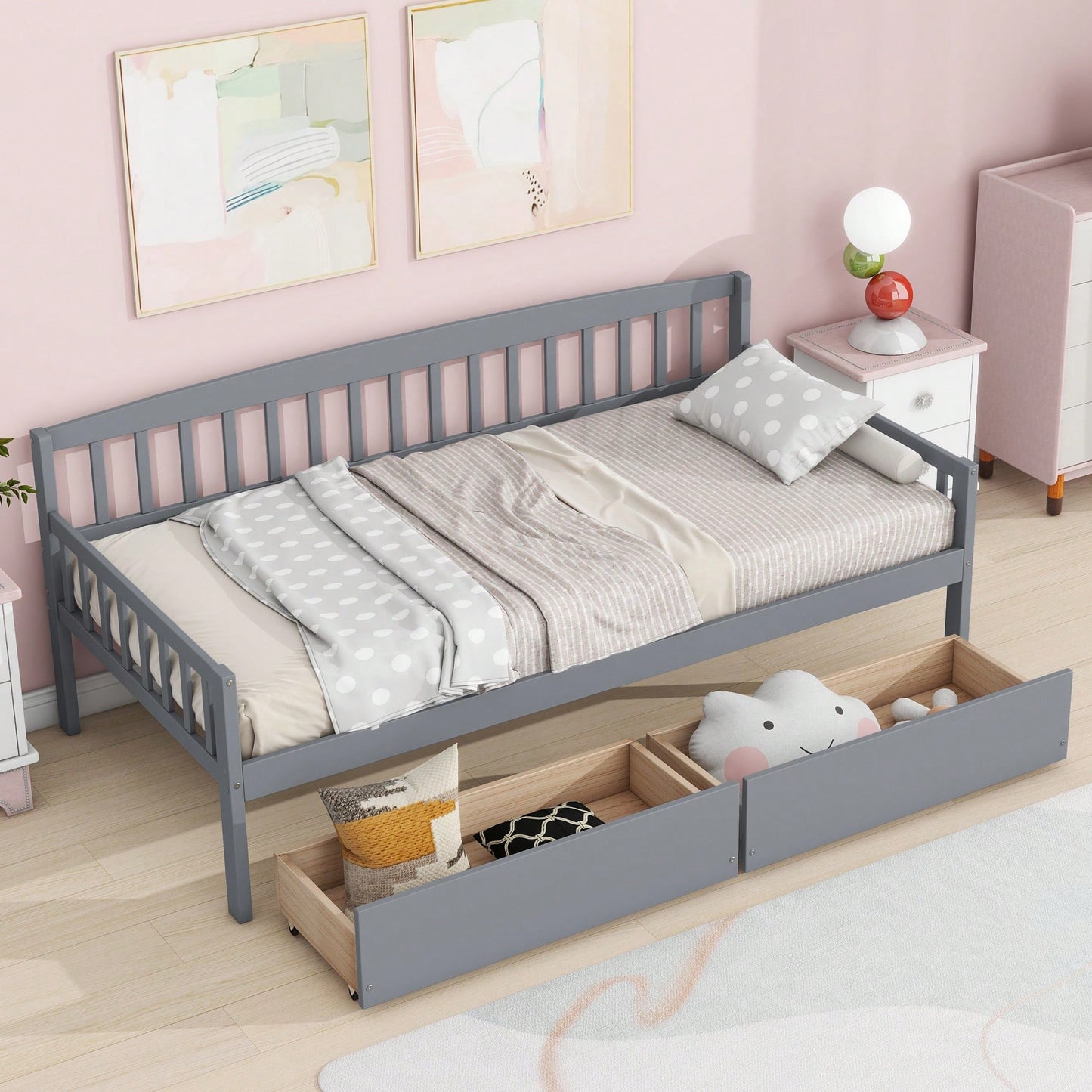 Twin Size Grey Pine Wood Daybed With Storage Drawers And Support Slats For Versatile Sofa Bed Solution