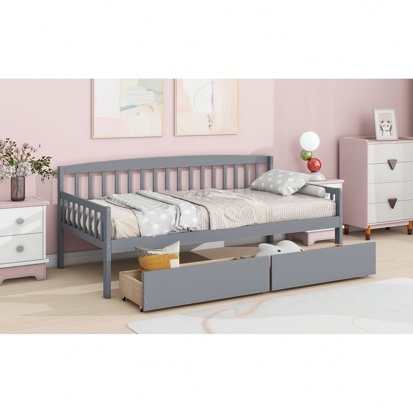 Twin Size Grey Pine Wood Daybed With Storage Drawers And Support Slats For Versatile Sofa Bed Solution