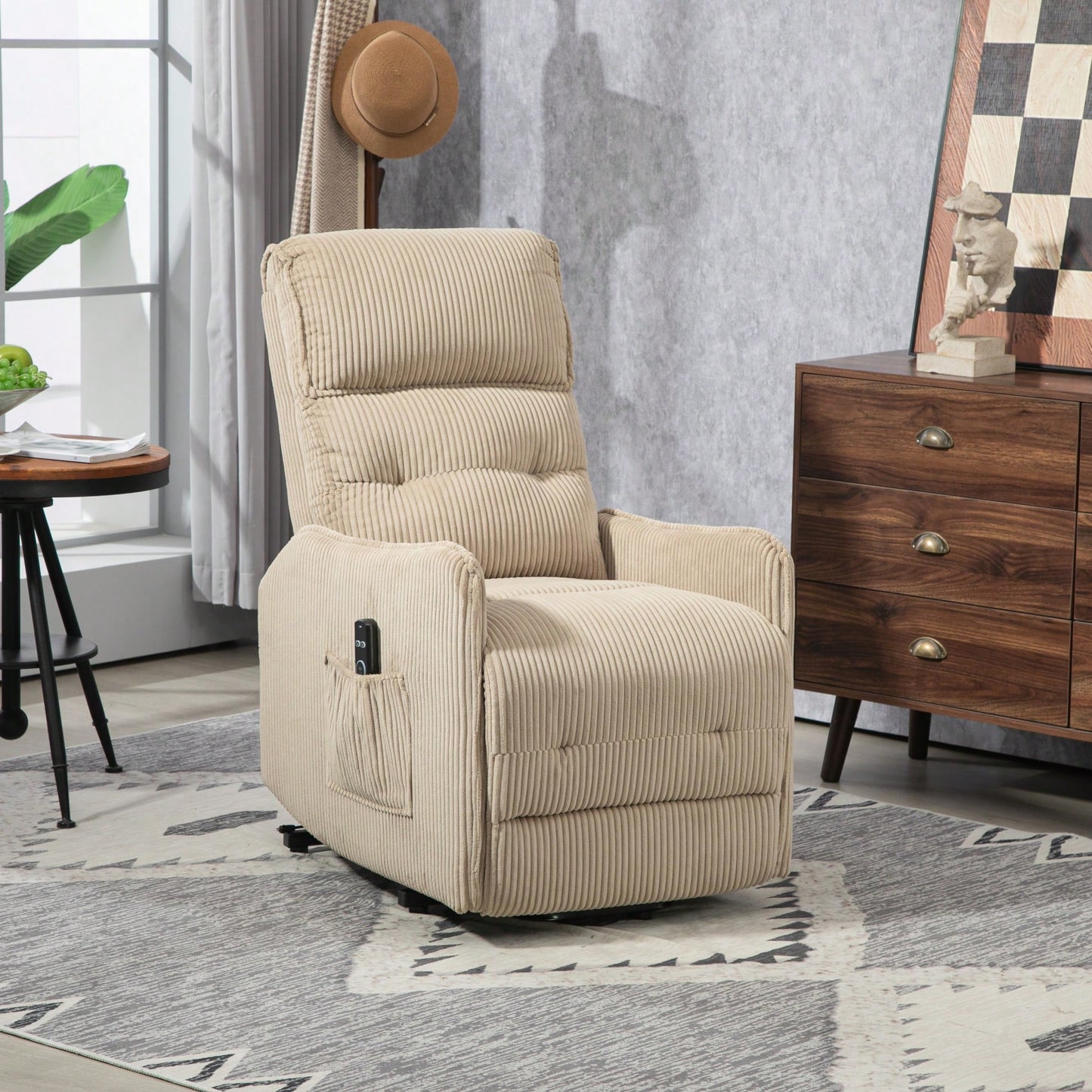 Electric Recliner Chair For Adults With Side Pocket And Pocket Springs Cushion In Corduroy Fabric For Living Room Bedroom Home Theater Beige