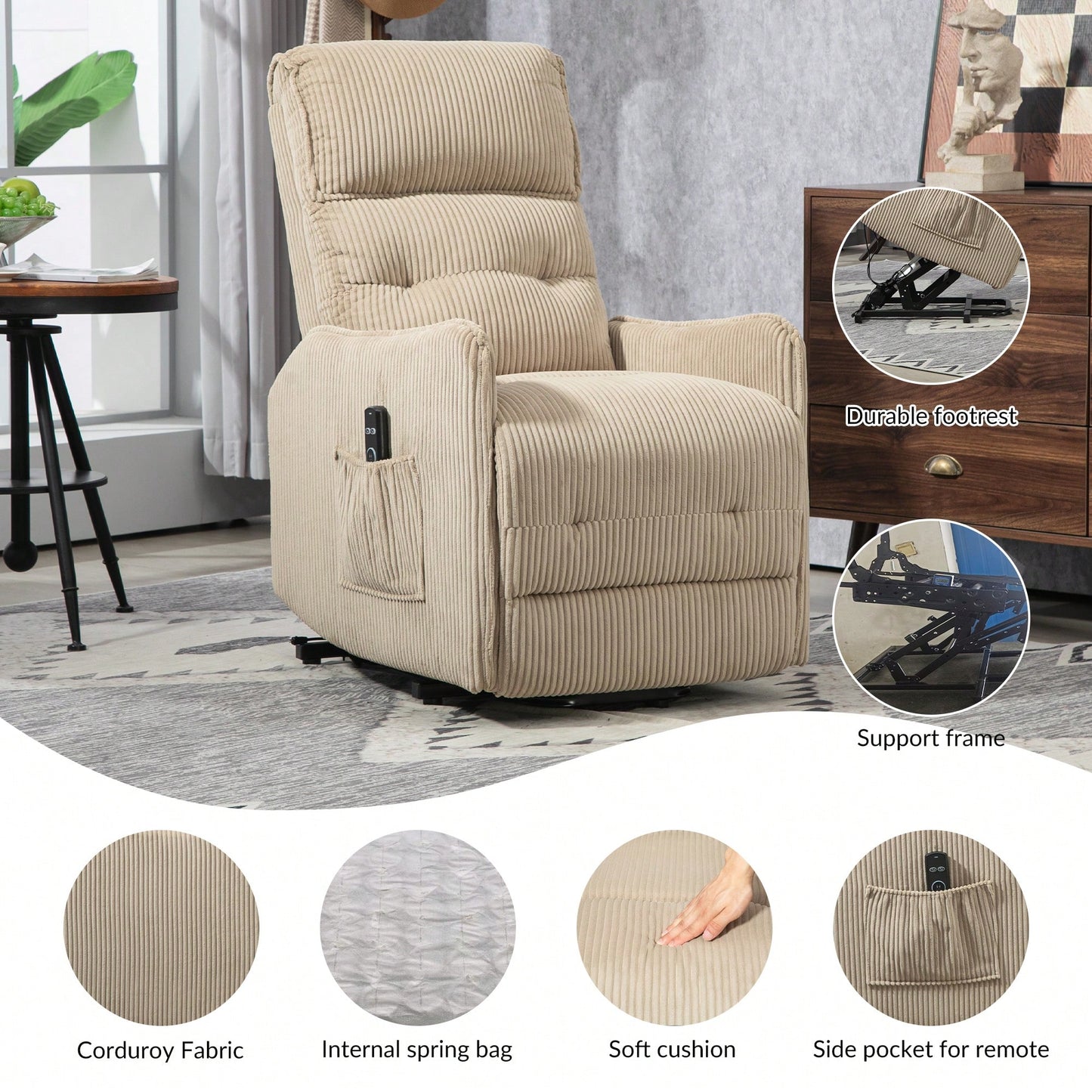 Electric Recliner Chair For Adults With Side Pocket And Pocket Springs Cushion In Corduroy Fabric For Living Room Bedroom Home Theater Beige