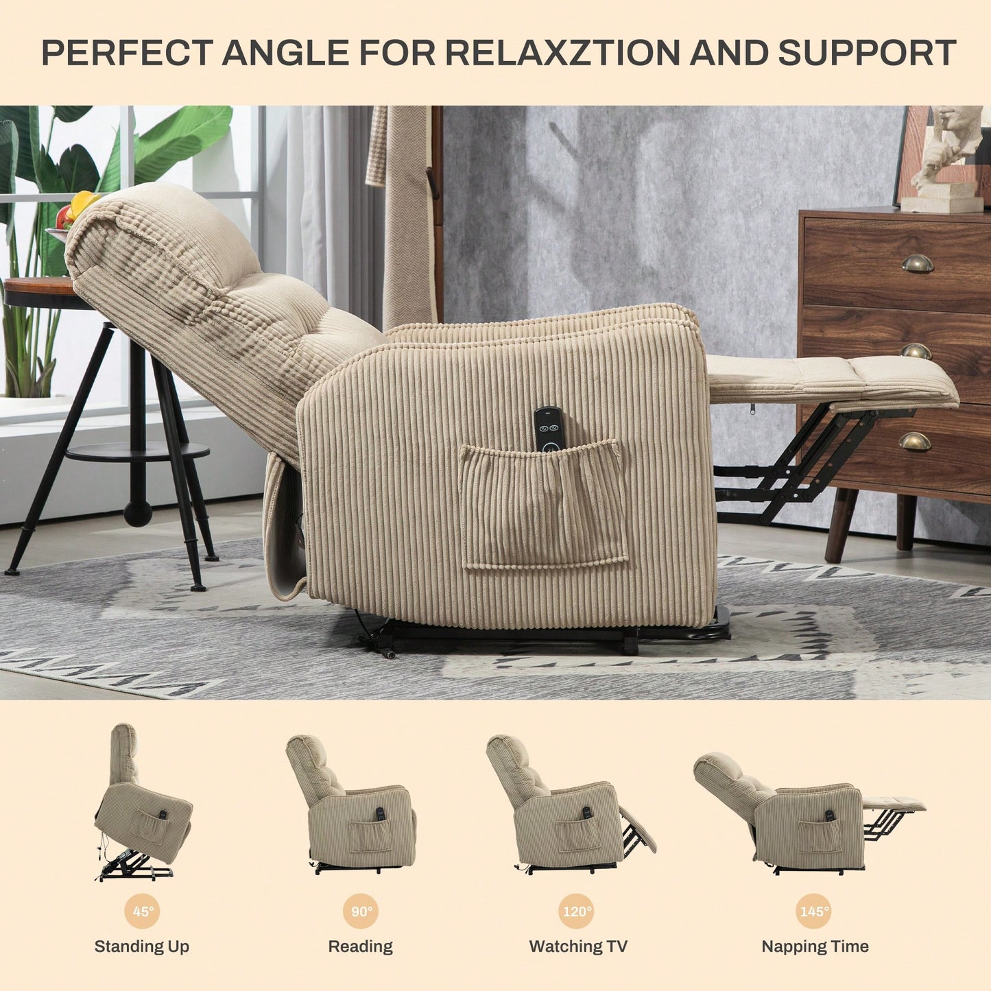 Electric Recliner Chair For Adults With Side Pocket And Pocket Springs Cushion In Corduroy Fabric For Living Room Bedroom Home Theater Beige