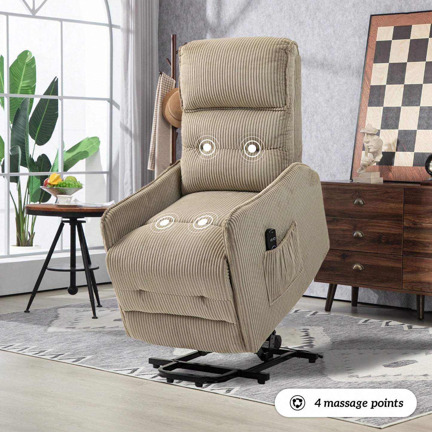 Electric Recliner Chair For Adults With Side Pocket And Pocket Springs Cushion In Corduroy Fabric For Living Room Bedroom Home Theater Beige